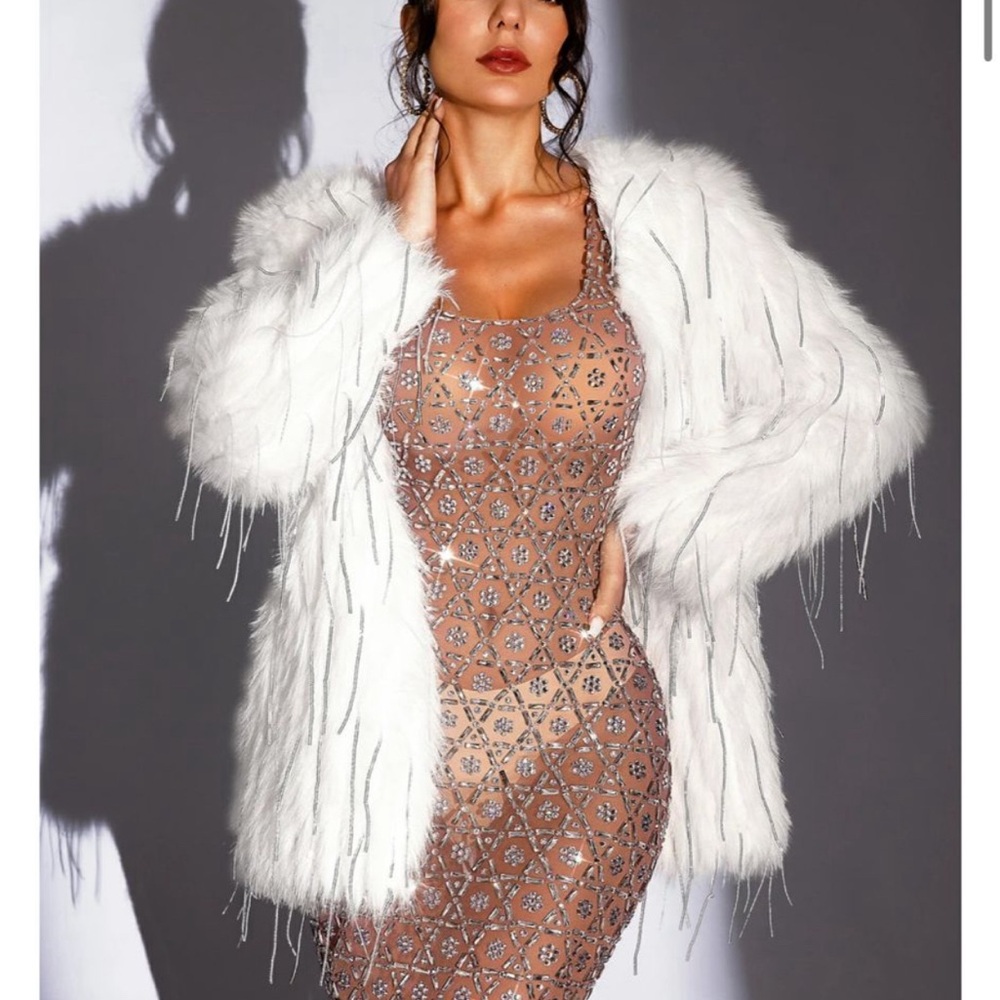 White fur coat with silver sequin